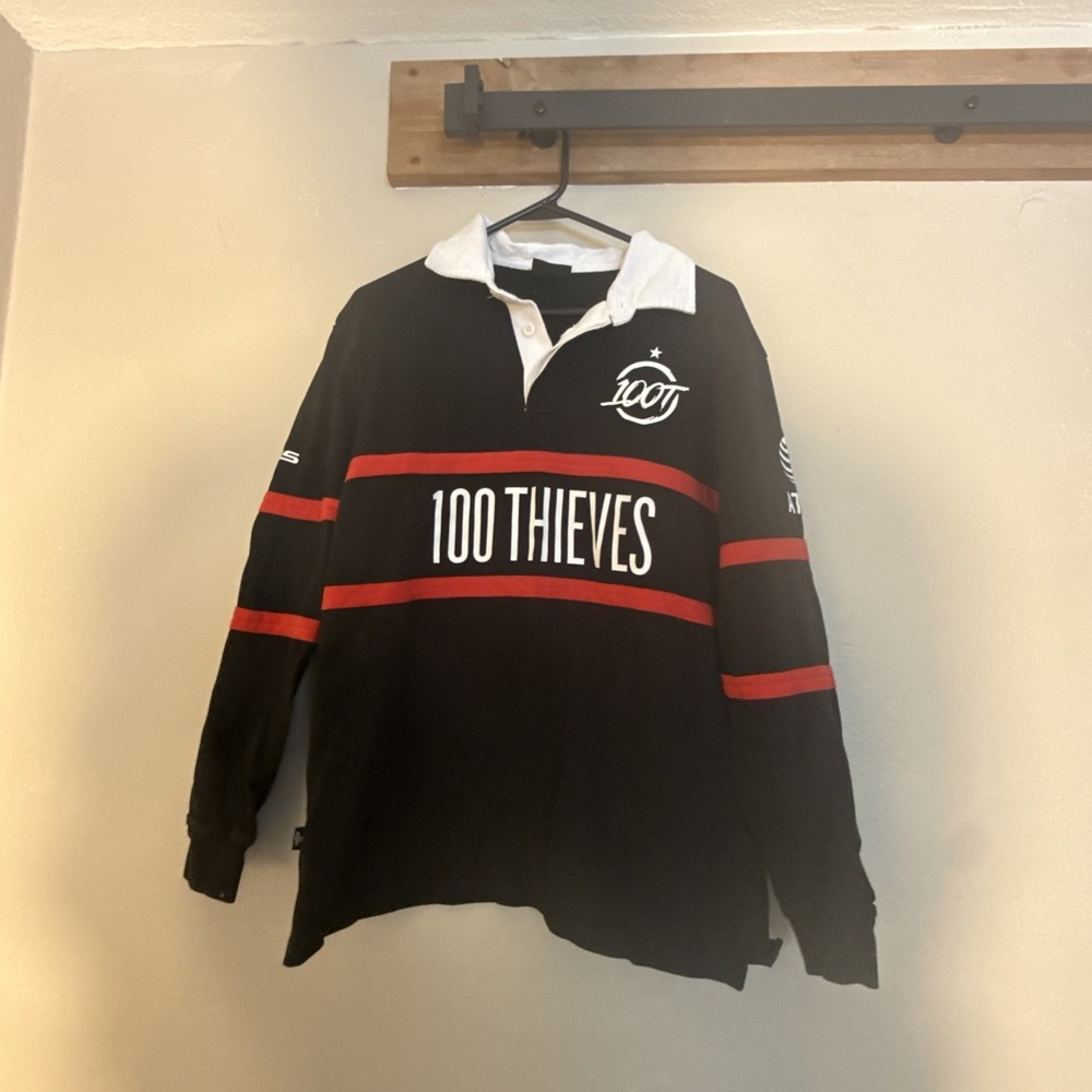 100 Thieves Rugby Shirt Men's Medium‎ Black Red Esports Jersey Long Sleeve